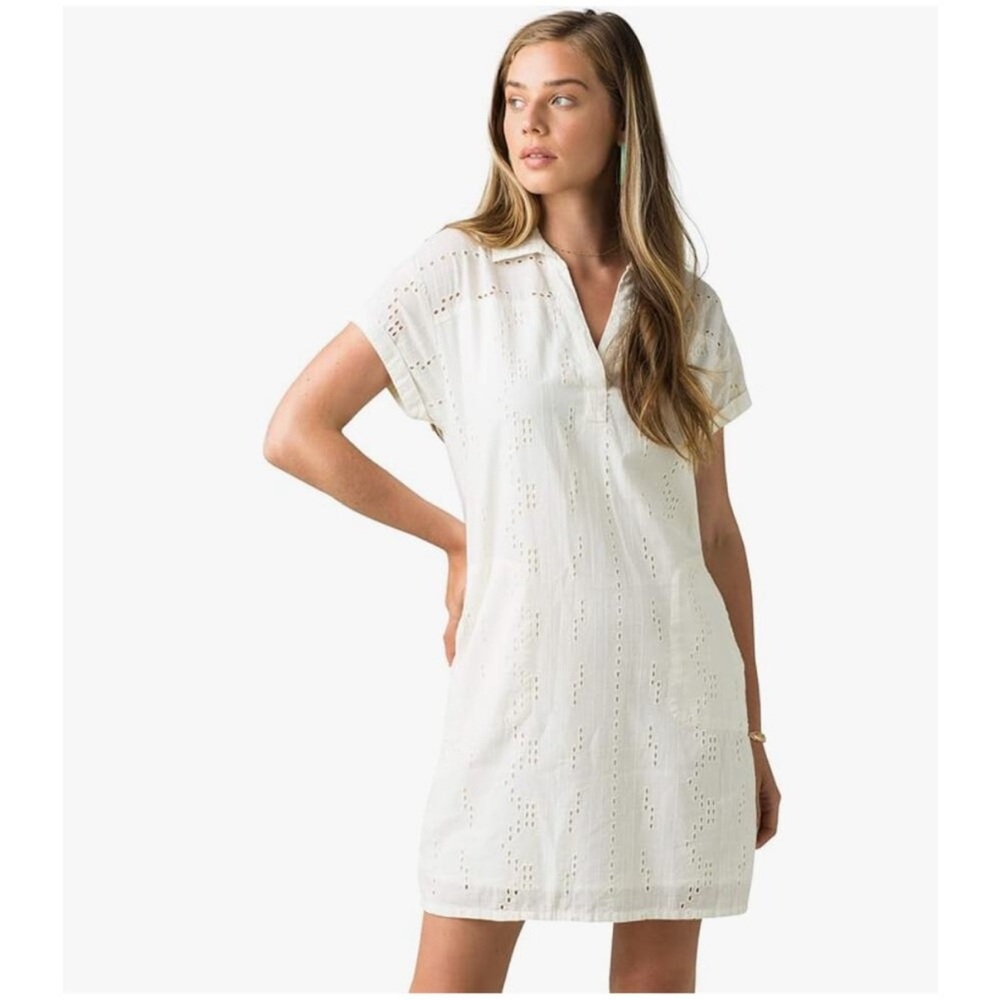PrAna White Eyelet Short Sleeve Ladyland Dress Size Large - Picture 1 of 12